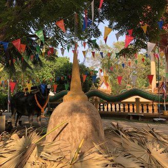 Zu Songkran werden am Tempelgelände Chedi Sai erbaut, um die Erde zu ersetzen, die das ganze Jahr über von den Betenden auf den Schuhen vom Tempelgelände getragen wird.