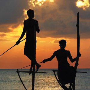 Sonnenuntergang in Sri Lanka mit traditionellen Stangenfischern