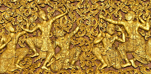 Ramayana Epos Holzschnitt Luang Prabang Laos