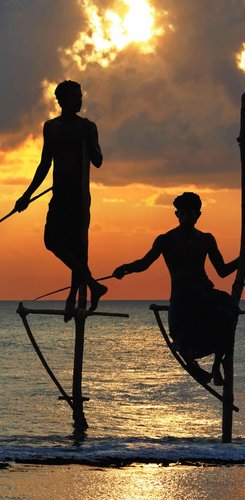 Sonnenuntergang in Sri Lanka mit traditionellen Stangenfischern